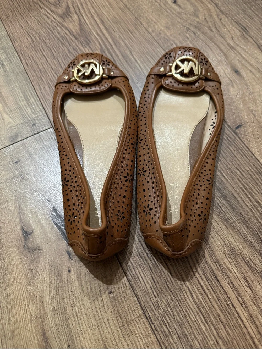 Michael Kors Tan Perforated Leather MK Logo Ballet Flats